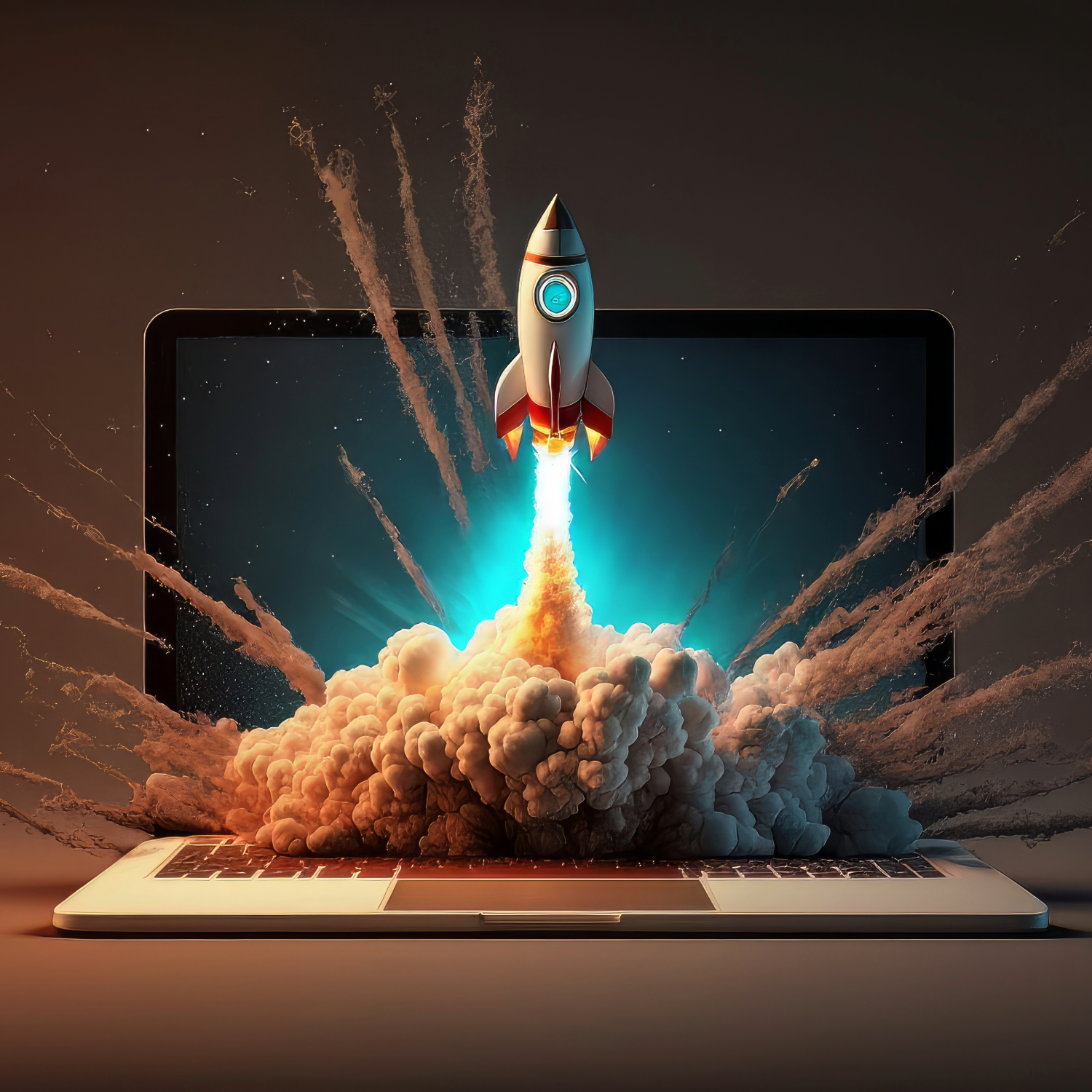Eine stilisierte Rakete startet dramatisch aus einem Laptopbildschirm mit Rauch und Lichtblitzen