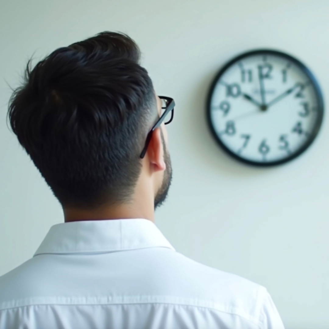 Mann schaut auf eine Uhr.